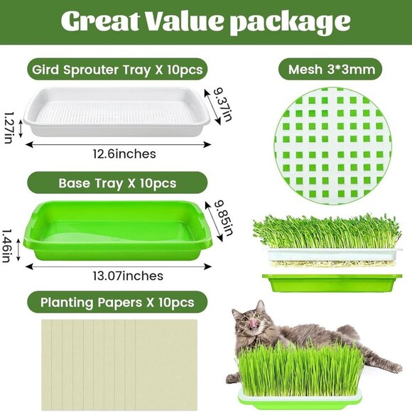 10 Pack Green Seed Sprouter Trays- Soil-Free Cultivation Germination Tray, BPA F - Picture 2 of 8